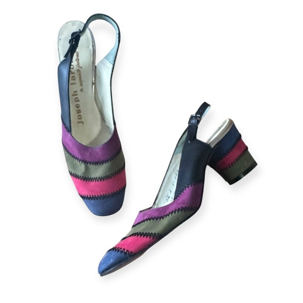 Vintage Joseph LaRose Multicolor Nubuck Slingback Heels 60s 70s Block Heel 5.5